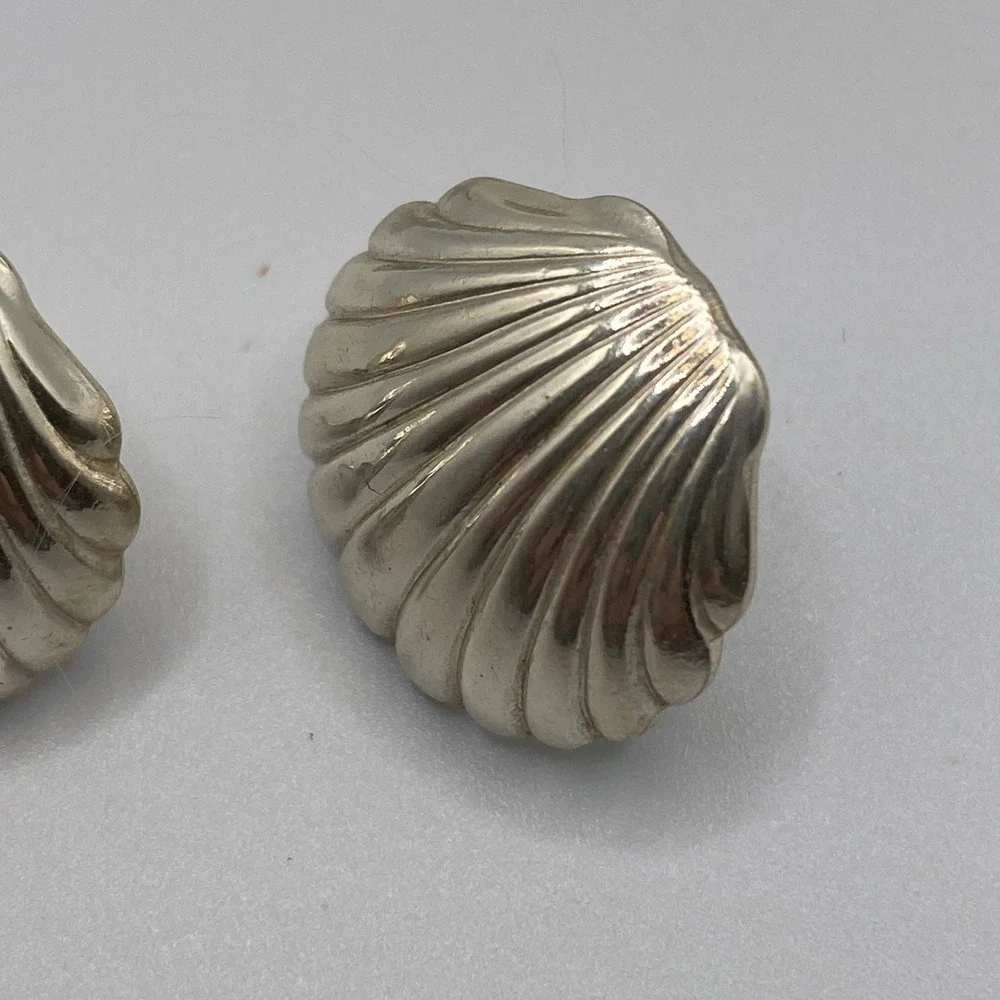 Vintage Silver Tone Earring Lot 3 Pairs Pierced Studs Shell Fan Art Deco Square‎